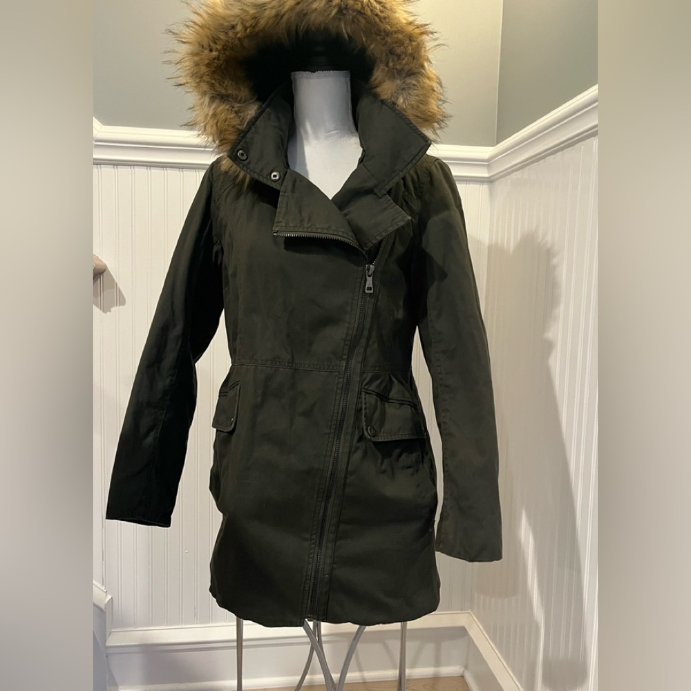 Women's Olive Green Parka with Faux Fur Hood
